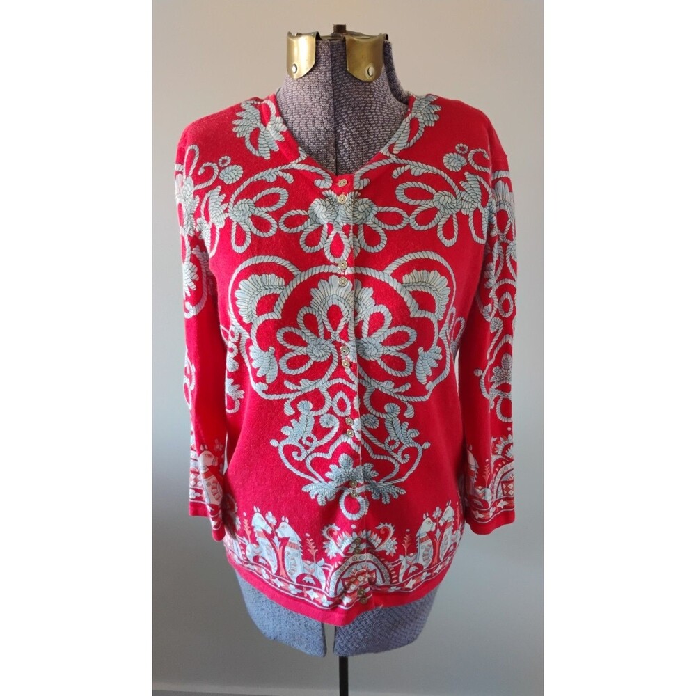 J McLaughlin Crewneck Cardigan Sweater Rope Folk Art Horse Red Blue White Sz S
